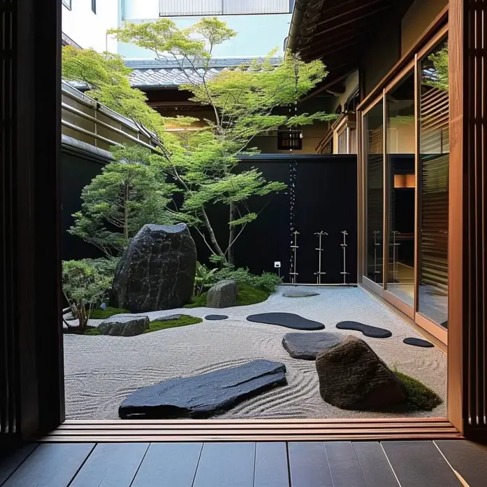 Modern Japanese zen courtyard garden with a black fence and Japanese maple tree.