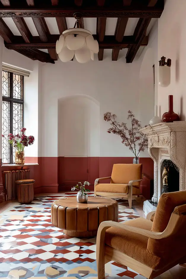 Modern Tudor Interior Design: A Definitive Guide 9 A sophisticated Tudor interior featuring a carved stone fireplace, dark-beamed ceiling, and bold, colorful geometric floor tiles.