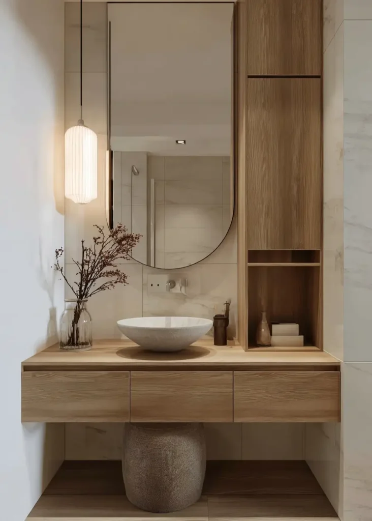 46 Scandinavian Bathroom Design Ideas for a Serene Sanctuary 9 Wood floating vanity with vertical storage tower and paper lantern in a sleek bathroom.