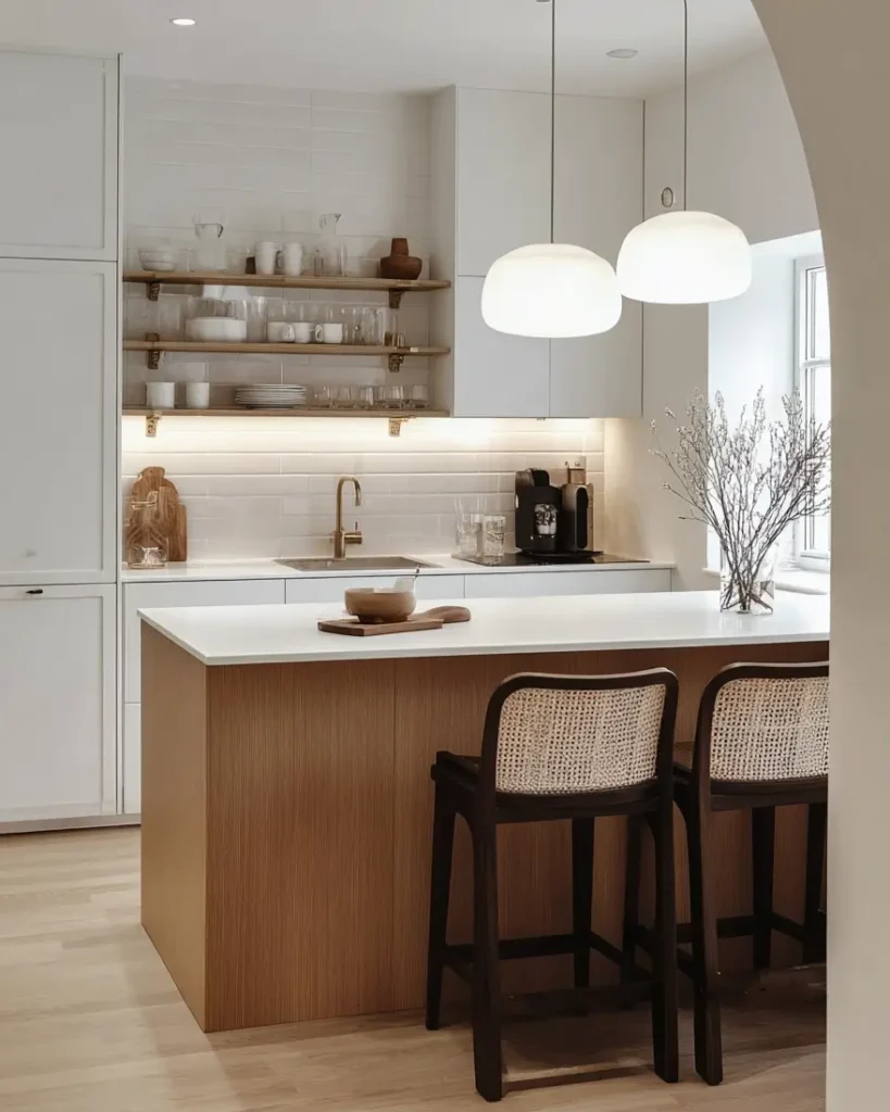 Scandinavian kitchen ideas with arched entryway, wood island, and rattan bar stools.