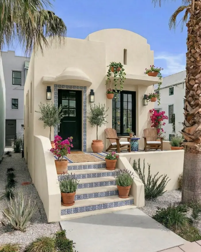38 Small Mediterranean-Style Homes That Define Coastal Charm 9 Cream stucco residence featuring a tiled staircase accent in blue and white, framed by potted olive trees.