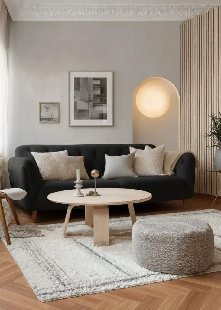 35 Scandinavian Living Room Ideas for a Cozy, Minimalist Home 9 Circular wall sconce providing soft ambient glow in a warm Scandinavian living room with black sofa.