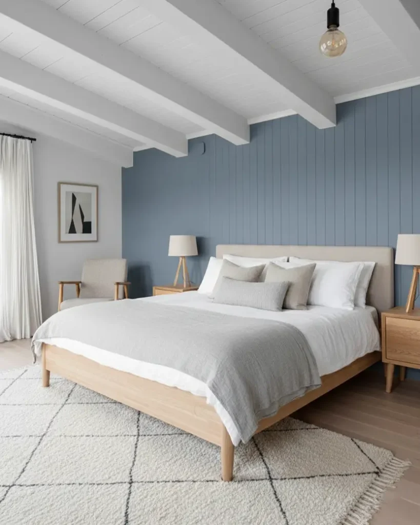 A contemporary Scandinavian bedroom with a dusty blue accent wall, white-beamed ceiling, and a light wood bed.