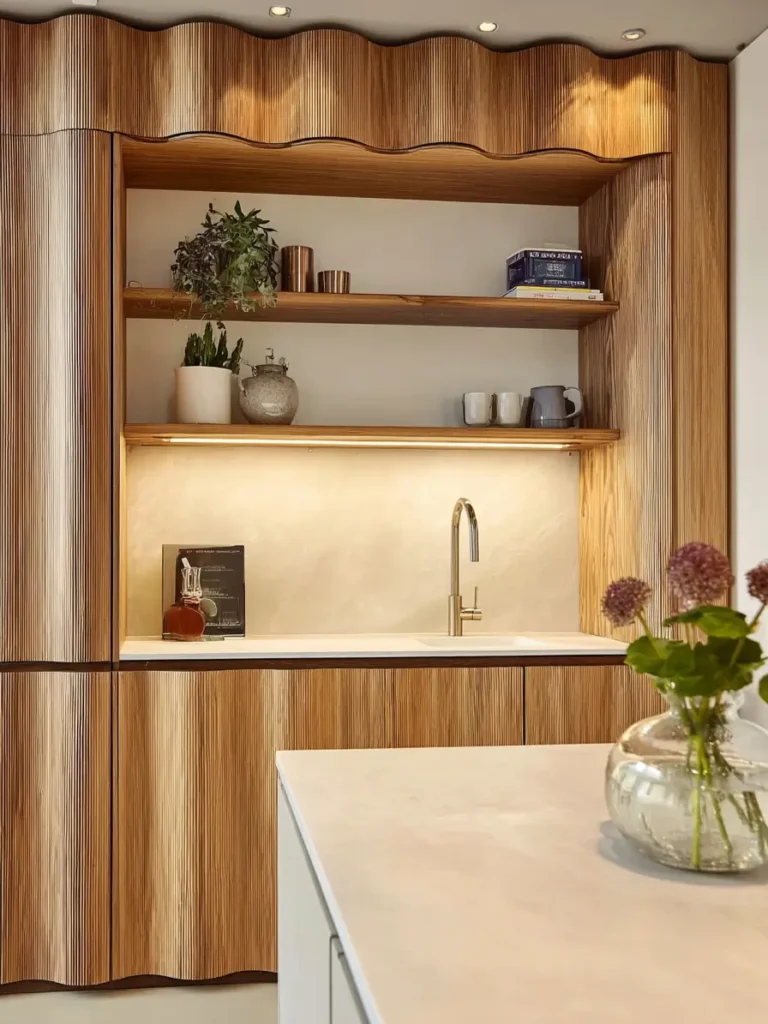 Bespoke Scandinavian kitchen design featuring wavy wood cabinetry and integrated lighting.