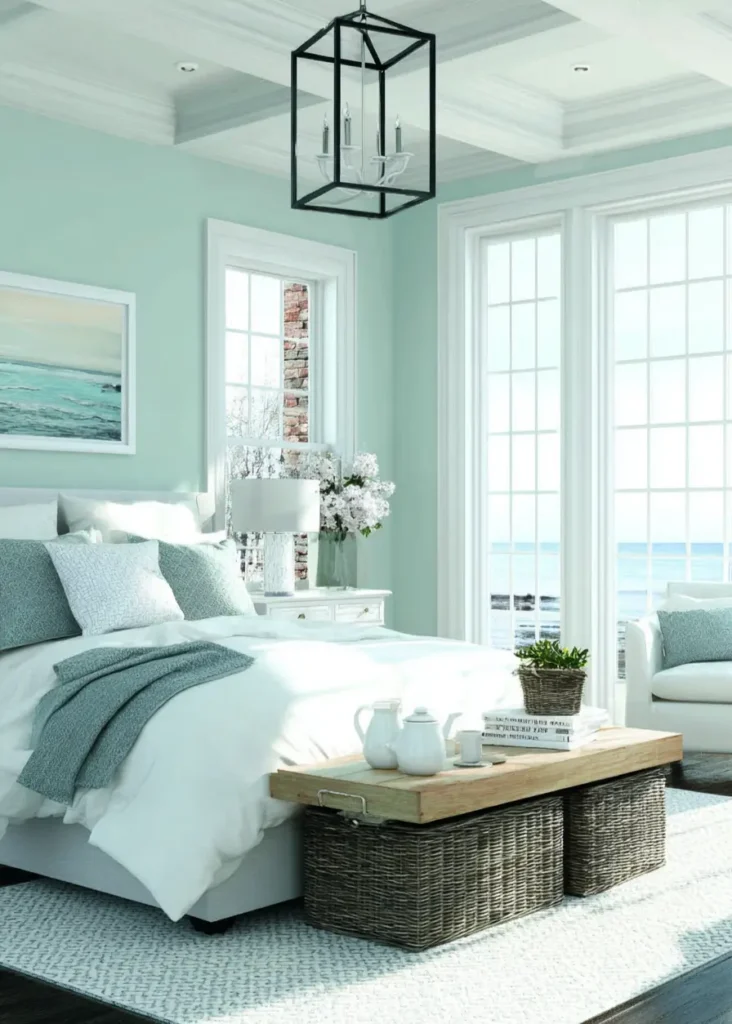 Light-filled coastal bedroom with airy sea glass green paint on the walls and crisp white trim.