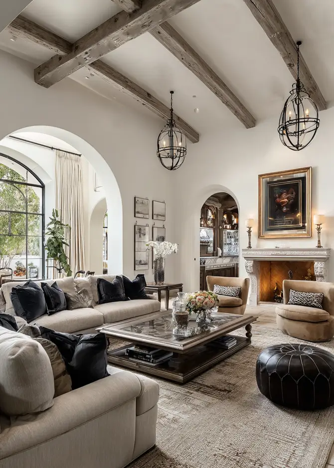 46 Modern Mediterranean Living Room Design Ideas 10 Elegant Mediterranean living room design with repeating arched doorways and velvet pillows.