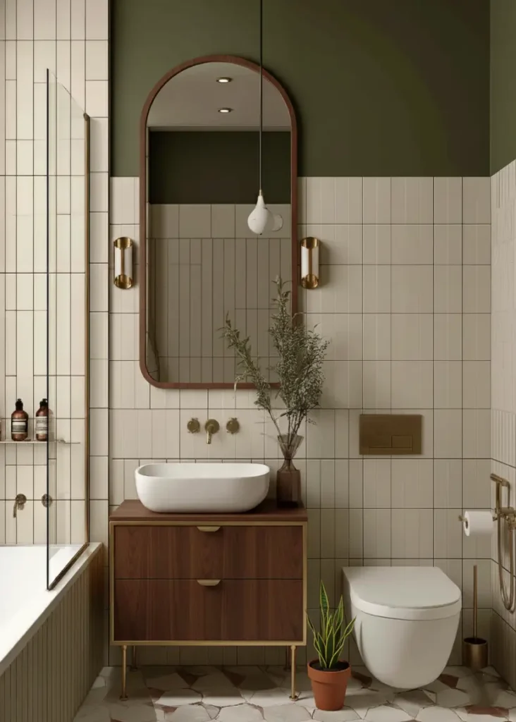 43 Mid Century Modern Small Bathroom Ideas for a Timeless Oasis (2025) 10 Walnut vanity with vessel sink and dark green ceiling in a retro inspired small bathroom.