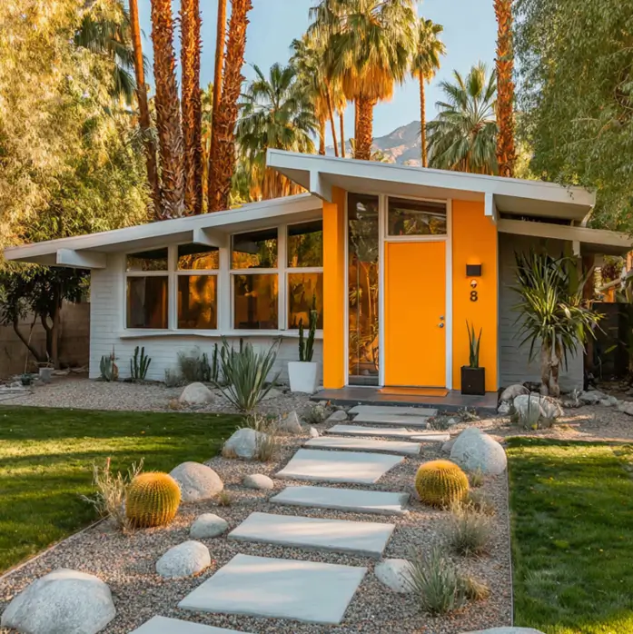 37 Mid Century Modern House Exteriors to Inspire Your Renovation 10 A mid century modern home exterior with a bright orange door, white siding, and desert landscaping with palm trees.