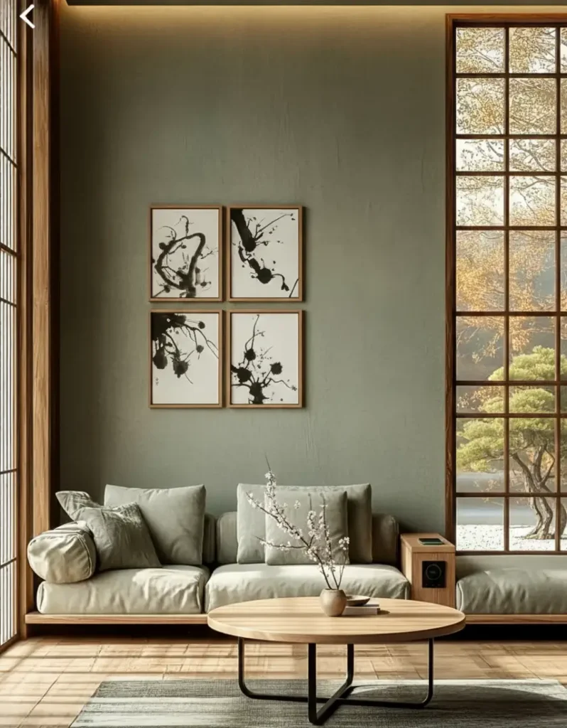 A Japandi living room with sage green walls, a large grid window, a low beige sofa, and ink-wash art.