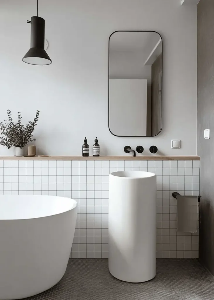 46 Scandinavian Bathroom Design Ideas for a Serene Sanctuary 10 White square tiles with black grout behind a freestanding cylindrical sink and matte black pendant light.