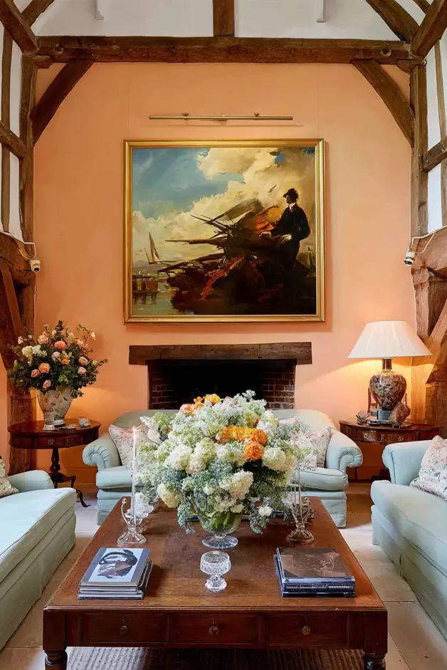 Modern Tudor Interior Design: A Definitive Guide 10 Living space showing heavy, rustic half-timbering on the walls, softened by a warm, peach-colored wall paint.