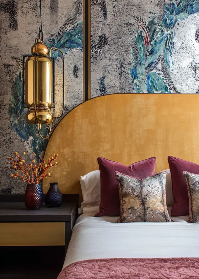 49 Headboard Design Ideas That Instantly Elevate Your Bedroom 10 Curved mustard yellow velvet headboard against abstract blue and grey wallpaper with brass lighting.