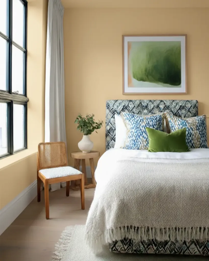 47 Scandinavian Bedroom Interior Design Ideas for a Serene Retreat 10 A Scandinavian design bedroom with warm yellow walls, a blue patterned headboard, and a natural cane chair.