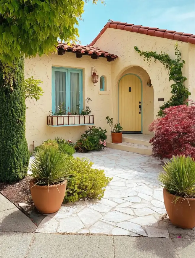 38 Small Mediterranean-Style Homes That Define Coastal Charm 10 Pastel yellow small Mediterranean home with turquoise window frames, a terracotta roof, and a flagstone path.