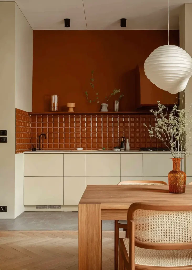 A contemporary Scandinavian kitchen with a deep terracotta accent wall and glossy tiled backsplash, with a wood dining table in the foreground.