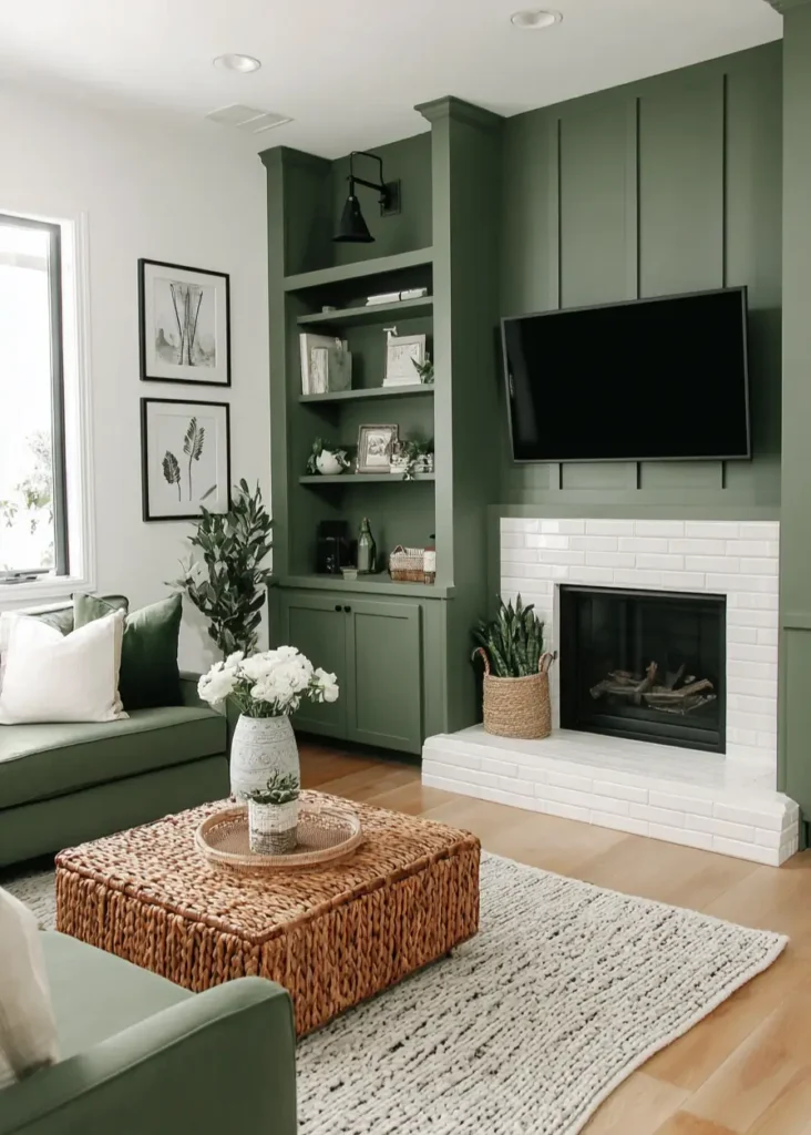 Living room fireplace wall with earthy moss green built-in shelving and vertical paneling next to a white tile fireplace.