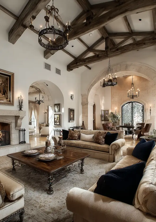 46 Modern Mediterranean Living Room Design Ideas 11 Grand Mediterranean living room with massive exposed timber trusses and limestone walls.