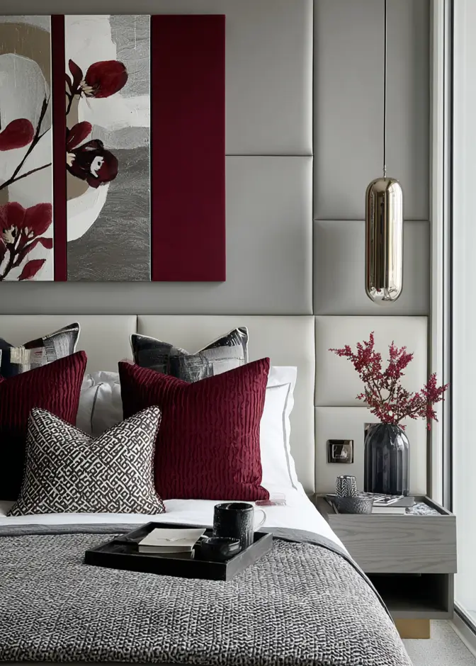 49 Headboard Design Ideas That Instantly Elevate Your Bedroom 11 Grey modular upholstered wall panels with integrated burgundy artwork and floating nightstand.