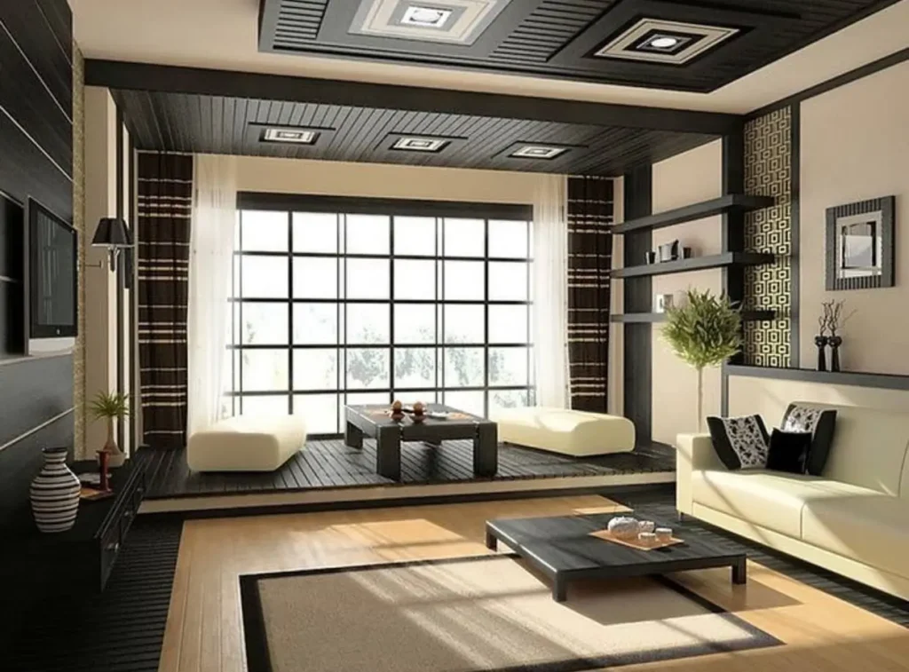 High-contrast Japanese style living room with a dark raised platform and modern furniture.