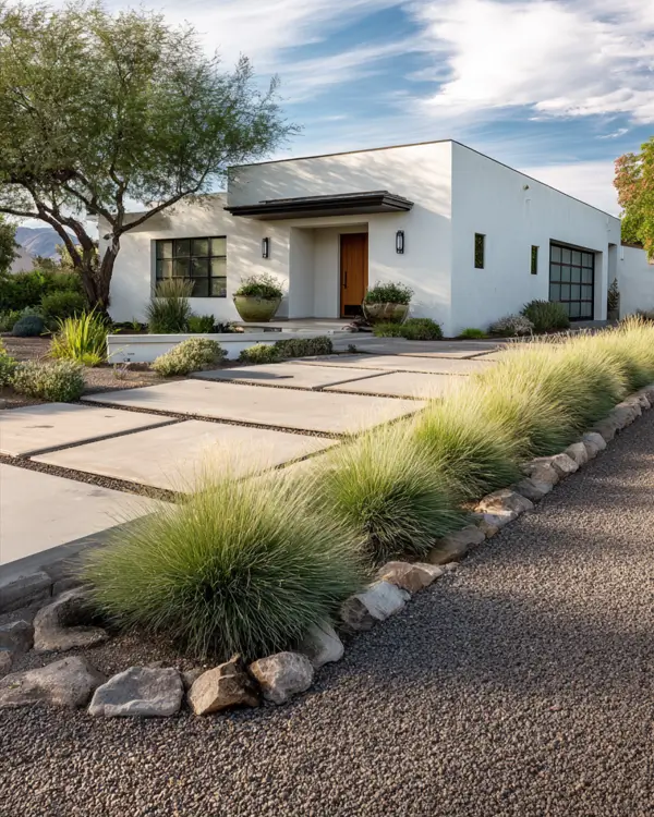 A minimalist modern ranch home with white stucco, a wood door, and desert landscaping.