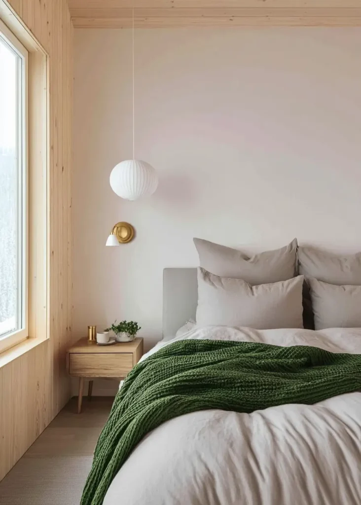 47 Scandinavian Bedroom Interior Design Ideas for a Serene Retreat 11 A modern Scandinavian bedroom interior design featuring light wood paneled walls, a bed with greige linens, and a dark green knit throw.