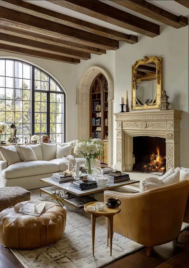 Modern Tudor Interior Design: A Definitive Guide 11 An ornate, carved-stone fireplace and matching arched doorway in a modern Tudor living room with a cream sofa.