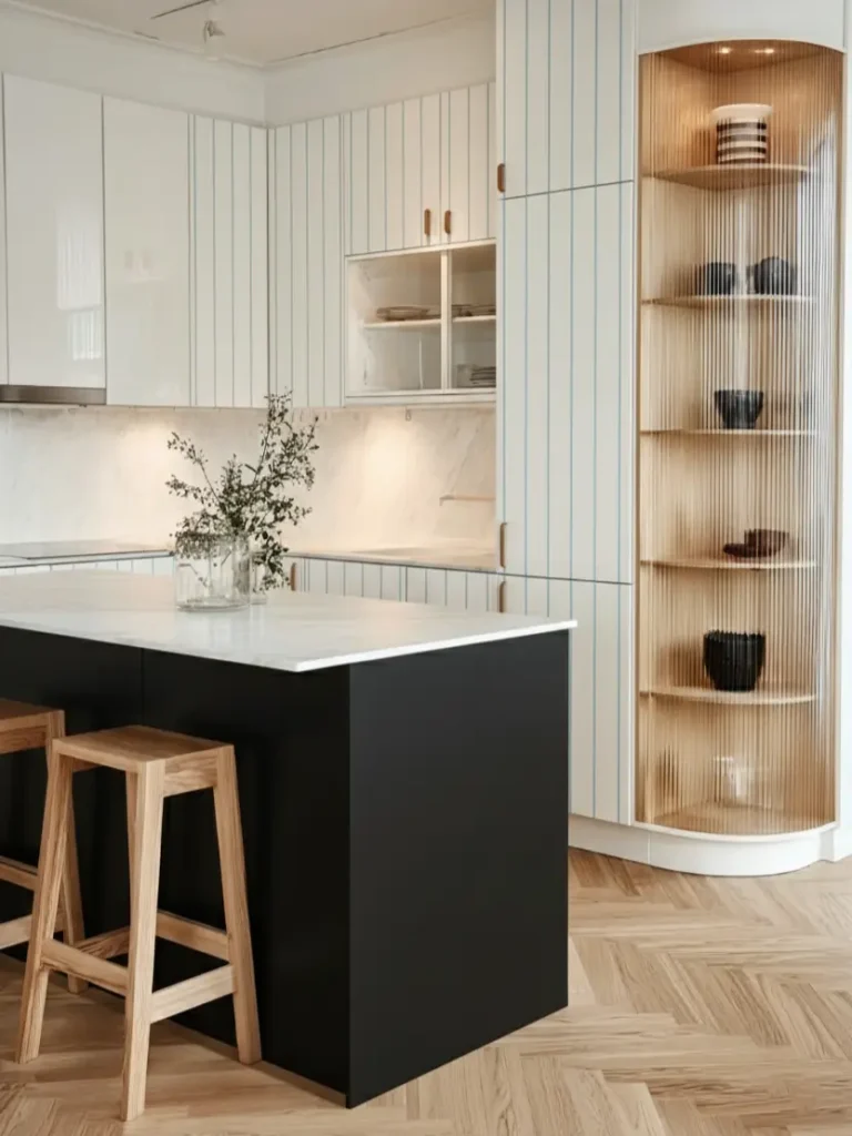 Scandinavian kitchen interior design with pinstripe cabinets and curved glass display.