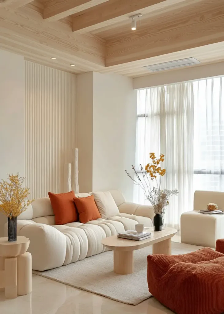 35 Scandinavian Living Room Ideas for a Cozy, Minimalist Home 11 Vertical fluted wall texture behind a curved cream sofa in a modern Scandinavian living room with rust pillows.