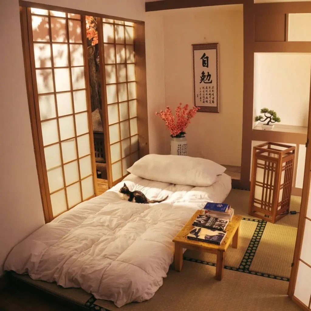 A traditional Japanese room with a futon on tatami mats, shoji screens diffusing light, and a low table.