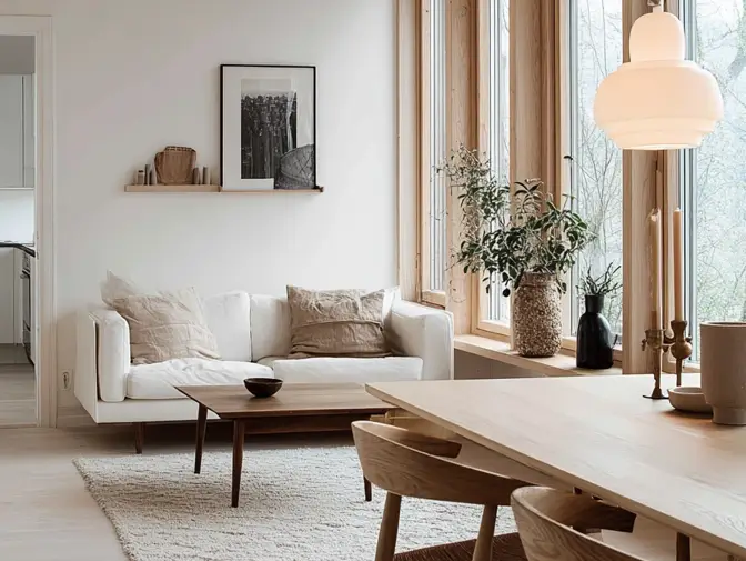 A bright contemporary Scandinavian living room with a white sofa, light wood dining table, and large windows, illustrating modern Scandinavian interior design ideas.