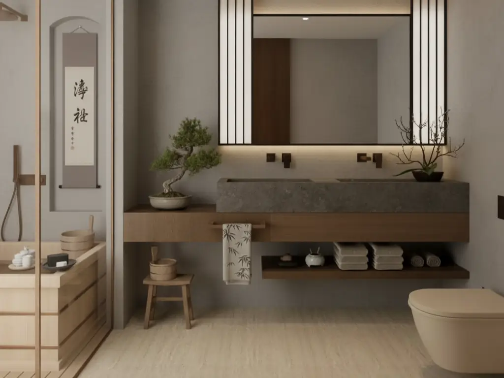 A serene Japanese bathroom design featuring a wooden ofuro, a floating stone vanity, and a bonsai tree.