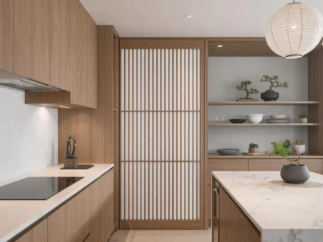 A Japanese inspired kitchen with light wood cabinets, a shoji screen, and a paper lantern, embodying serene design.