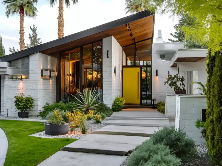 37 Mid Century Modern House Exteriors to Inspire Your Renovation 2 A stunning mid century modern house exterior featuring a bright yellow front door, white painted brick, a dramatic sloped roof, and desert-style landscaping.