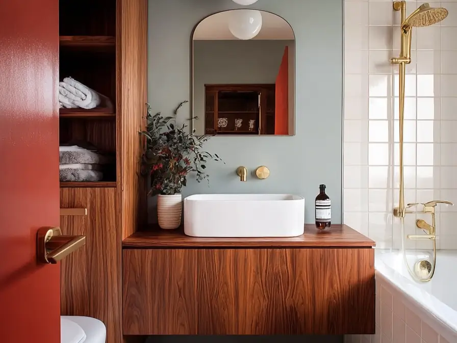 Floating walnut vanity with vessel sink, arched mirror, and sage green walls in a mid century modern small bathroom.