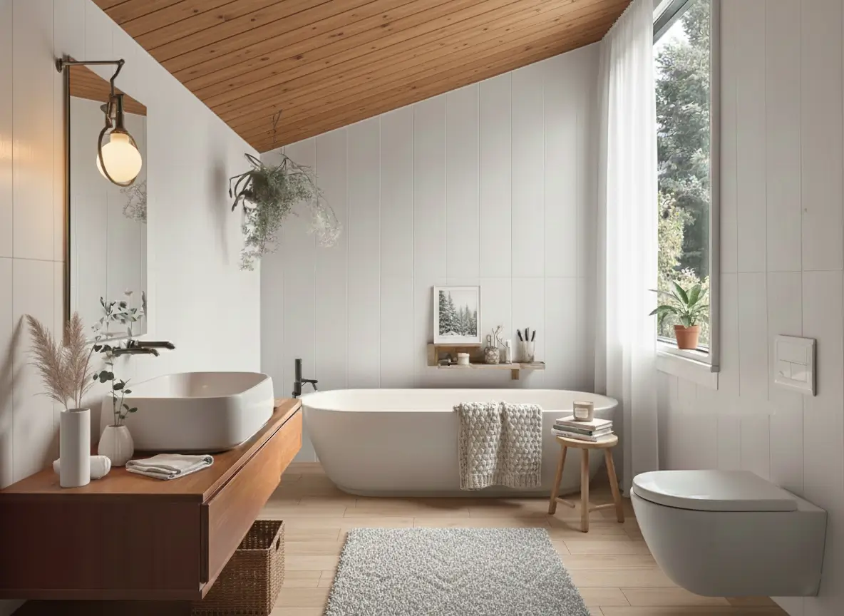 Modern Scandinavian bathroom featuring a sloped wood ceiling, white soaking tub, and floating wood vanity with a vessel sink, showcasing warm minimalist design.