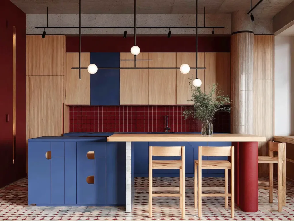Vibrant modern Scandinavian kitchen with bold blue island, deep red walls and backsplash, light wood cabinetry, and striking black linear pendant lighting. This contemporary design blends minimalist elements with a rich, colorful palette.