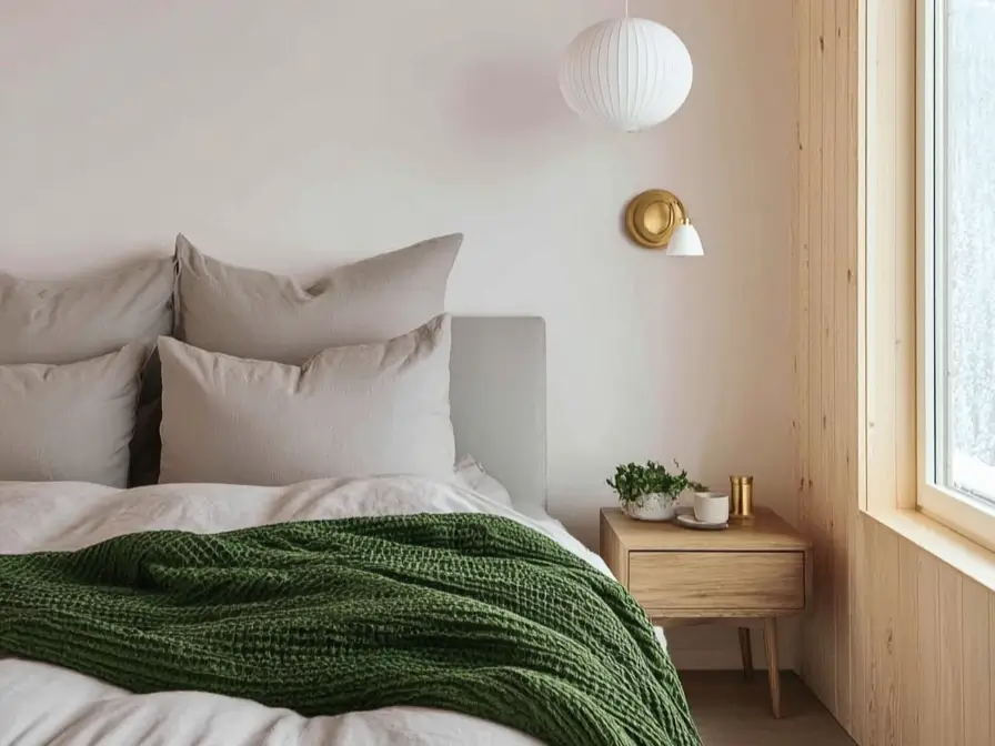 A warm Scandinavian bedroom interior design featuring light wood paneling, a bed with greige linens, and a dark green knit throw, illustrating a modern, cozy retreat.