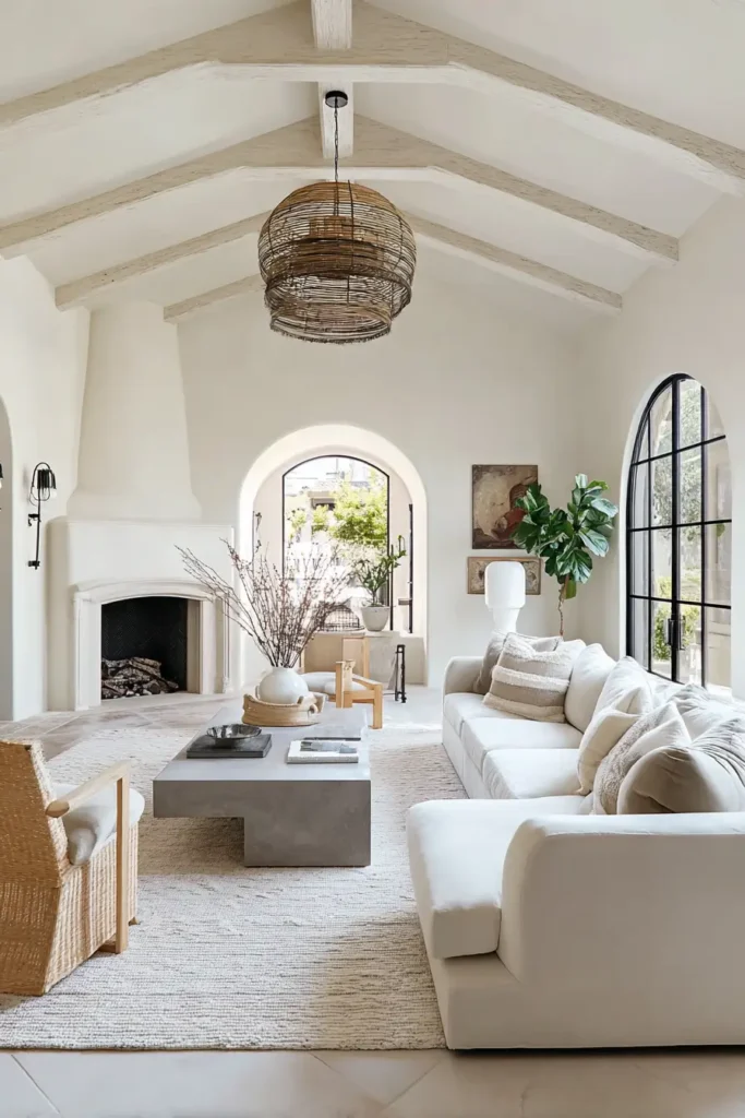 38 Small Mediterranean-Style Homes That Define Coastal Charm 41 Bright interior of a small Mediterranean home showcasing high vaulted ceilings, exposed beams, and an arched doorway leading to a sunlit patio.