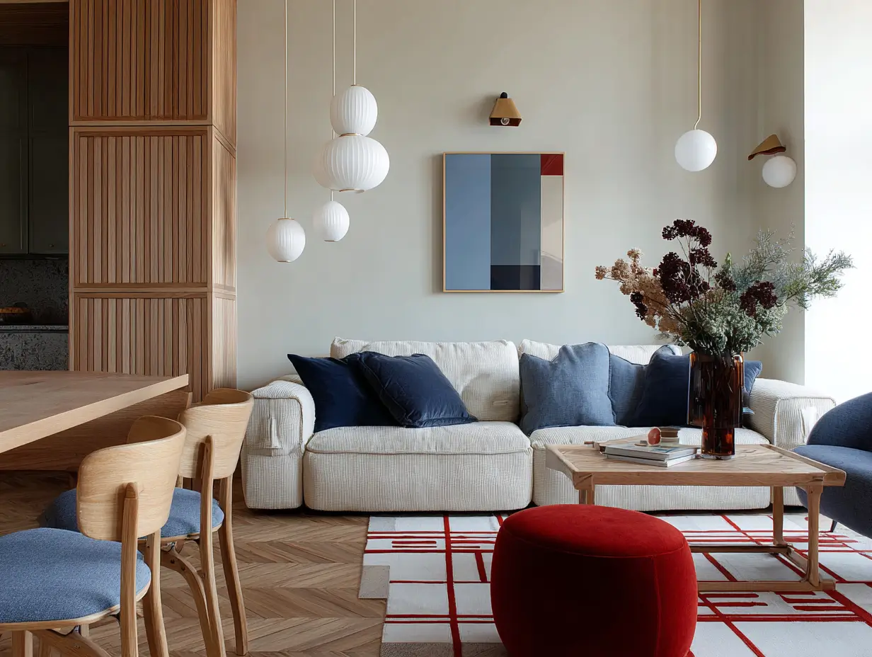 Warm Scandinavian living room featuring a beige corduroy sofa, red velvet ottoman, and modern globe pendant lights against soft greige walls.