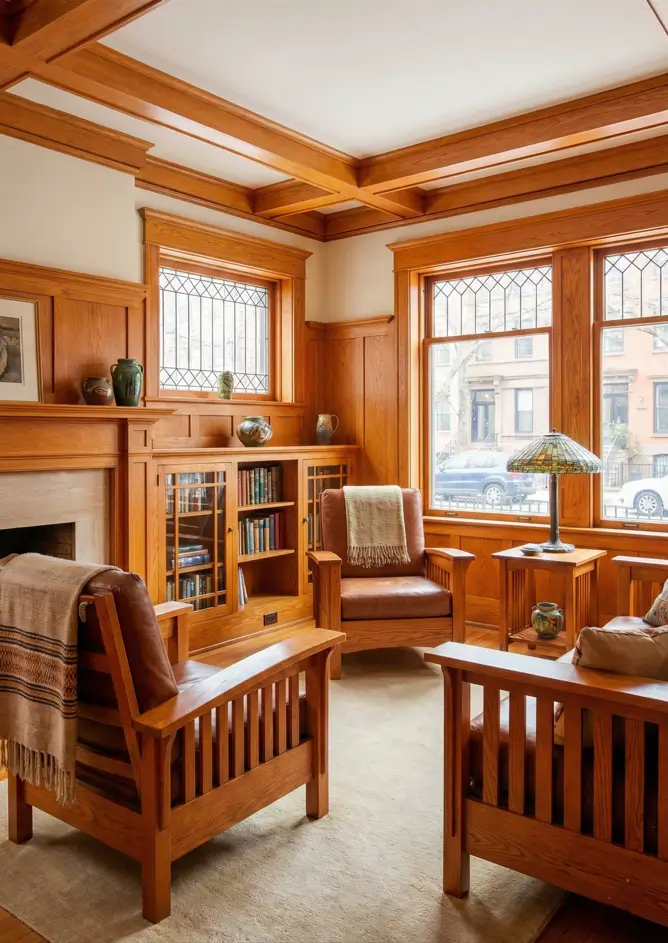 26 Craftsman Home Interior Ideas for Timeless Charm and Modern Living 3 Authentic Craftsman Living Craftsman home interior living room featuring extensive oak wainscoting and Gustav Stickley-style seating.