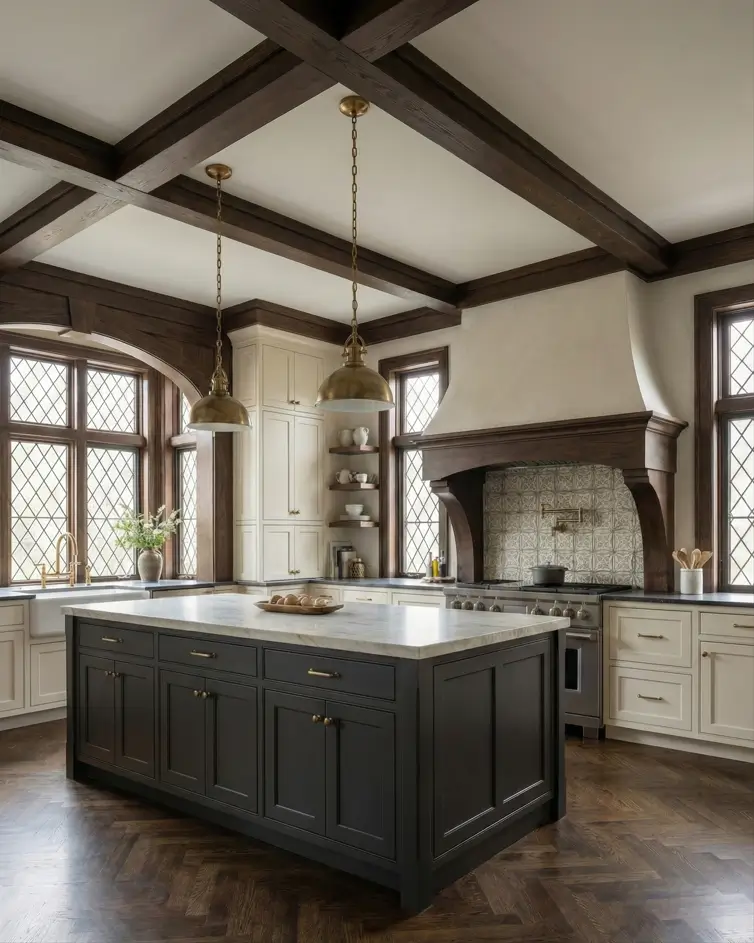 34 Modern Tudor Kitchen Ideas: Old-World Charm, New Appeal 3 Spacious kitchen featuring dark herringbone floors, exposed ceiling beams, and a large island showcasing heritage design elements.
