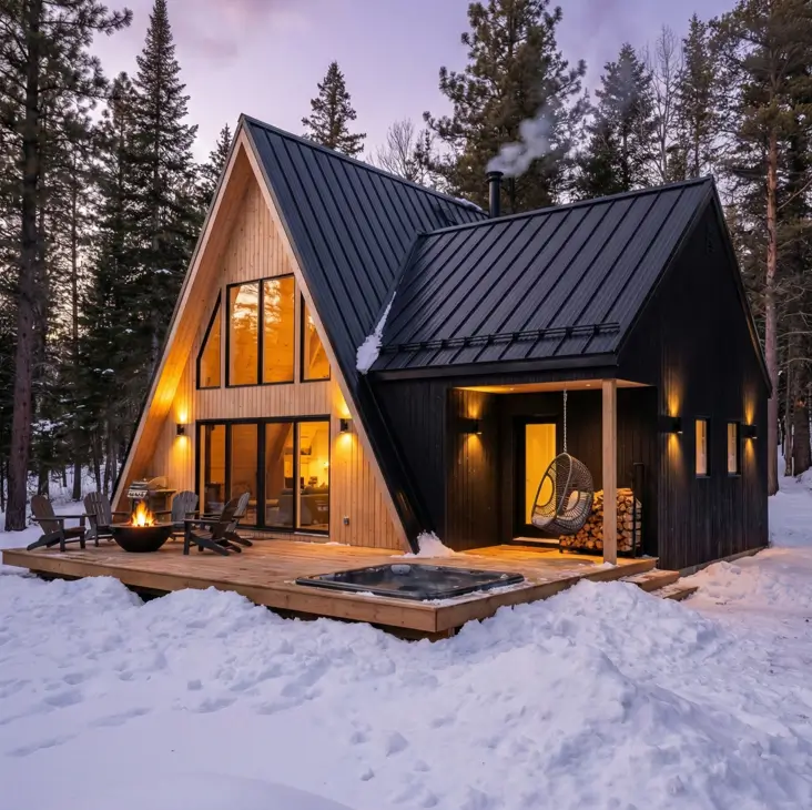 18 Scandinavian Cabin Design Ideas for Warm, Minimal Living 13 Modern Scandinavian cabin merging a light timber A-frame with a black annex and a sunken hot tub on a snowy deck.