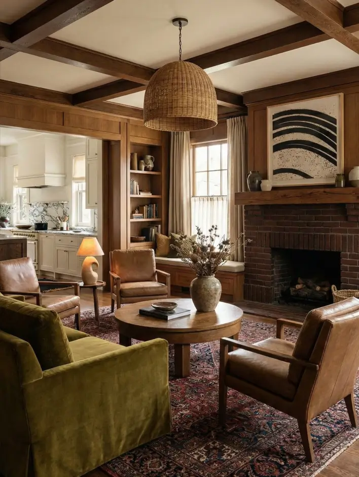 26 Craftsman Home Interior Ideas for Timeless Charm and Modern Living 12 Textured Craftsman Living Modern Craftsman interior living room with a brick fireplace and oversized woven pendant light.