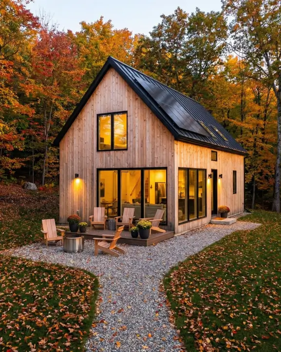 33 Small Scandinavian House Ideas That Prove Less Is More 12 Sustainable timber retreat featuring solar panels on a black metal roof and a gravel patio.