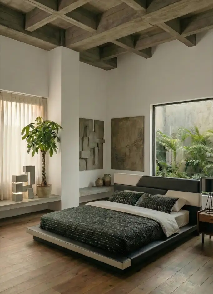 38 Modern Brutalist Interior Design Ideas for a Raw, Livable Sanctuary 13 Modern Brutalist interior design bedroom featuring a geometric concrete waffle ceiling and white walls.