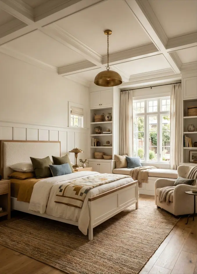 26 Craftsman Home Interior Ideas for Timeless Charm and Modern Living 13 Bright Modern Craftsman Modern Craftsman interior bedroom featuring white wainscoting and a Japandi-inspired aesthetic.