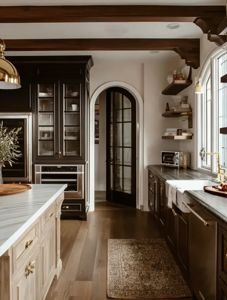 34 Modern Tudor Kitchen Ideas: Old-World Charm, New Appeal 13 Kitchen featuring dark perimeter cabinets, a light wood island, and a black arched glass door.