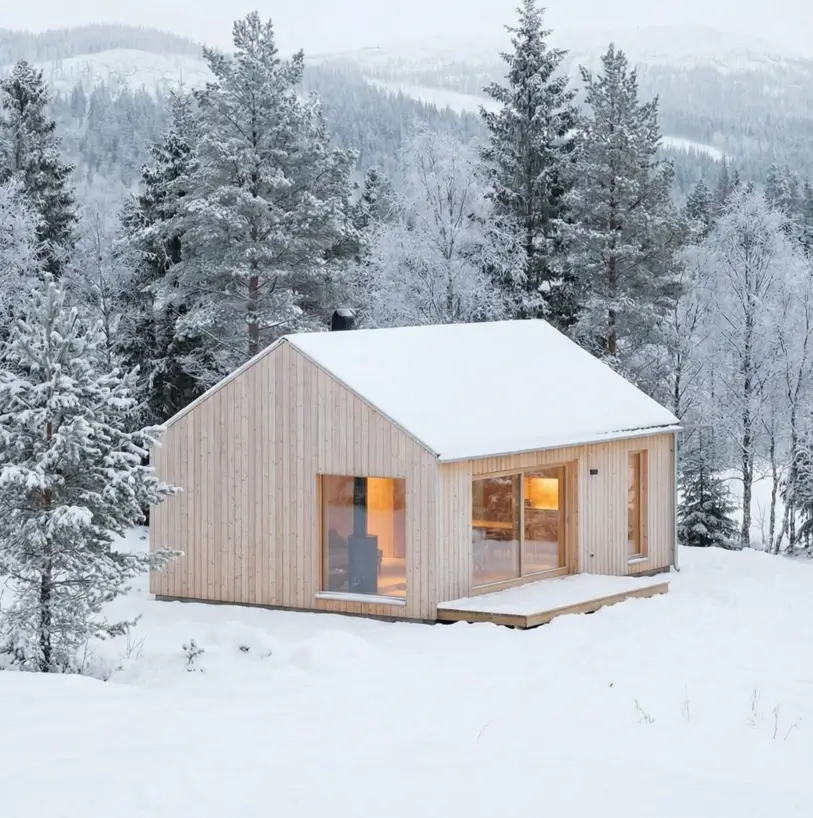 33 Small Scandinavian House Ideas That Prove Less Is More 13 Raw timber minimalism with light spruce siding and large glass gable doors in a snowy forest.