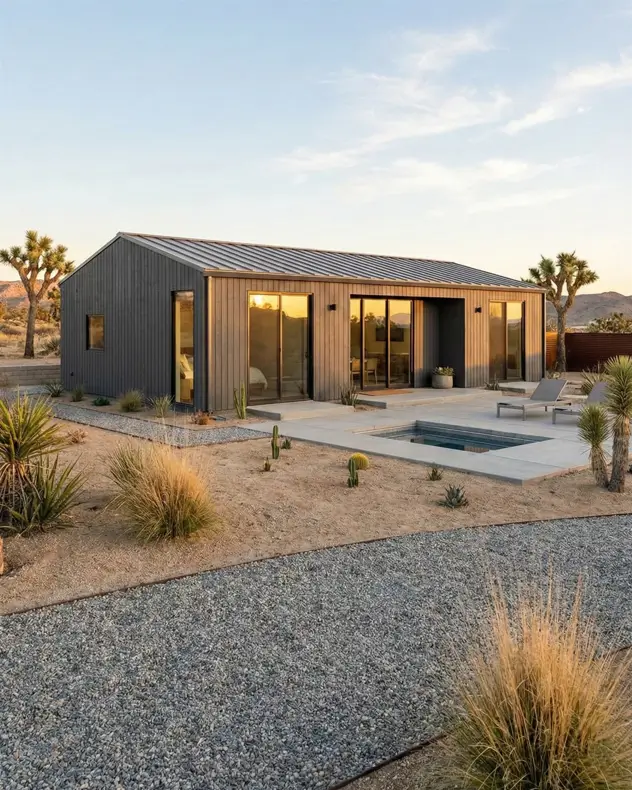 26 Small Ranch-Style House Ideas for Timeless Modern Living 13 Weathered grey vertical siding on a desert small Ranch house design opening to a concrete pool deck.