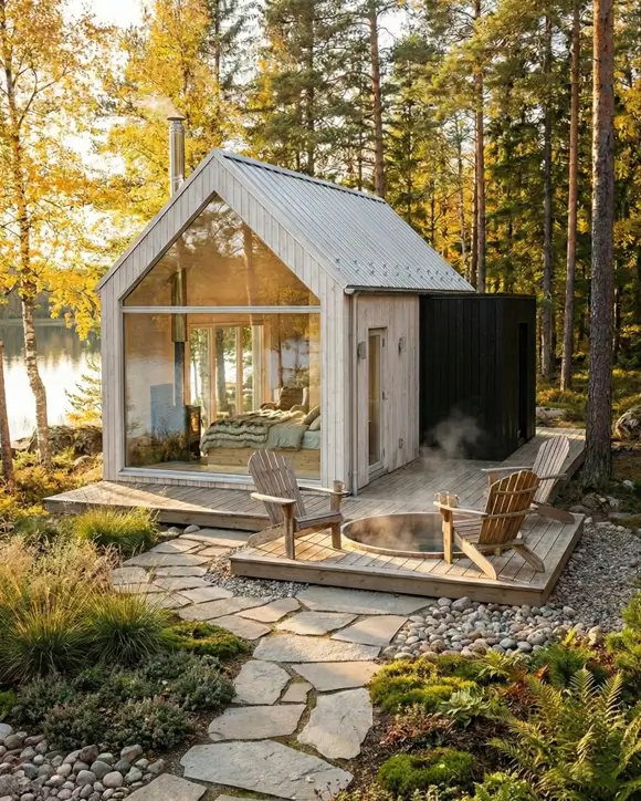 18 Scandinavian Cabin Design Ideas for Warm, Minimal Living 14 Transparent Scandinavian cabin design with a full glass facade and sunken deck tub overlooking a calm lake.